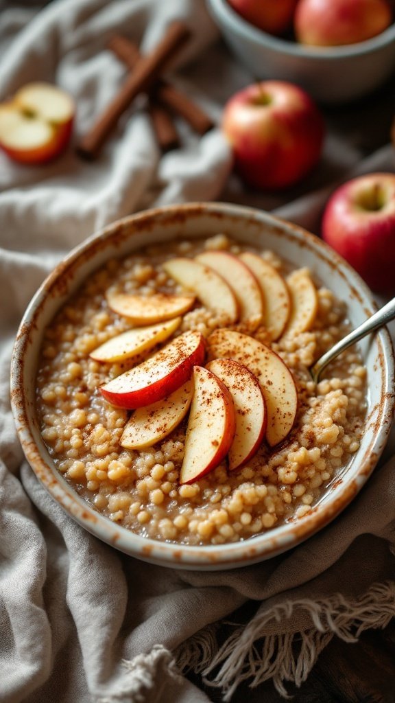 A bowl of apple cinnamon quinoa porridge topped with apple slices and cinnamon, with apples in the background.