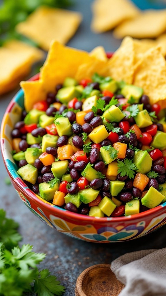 A colorful bowl of avocado and black bean salsa with tortilla chips on the side.