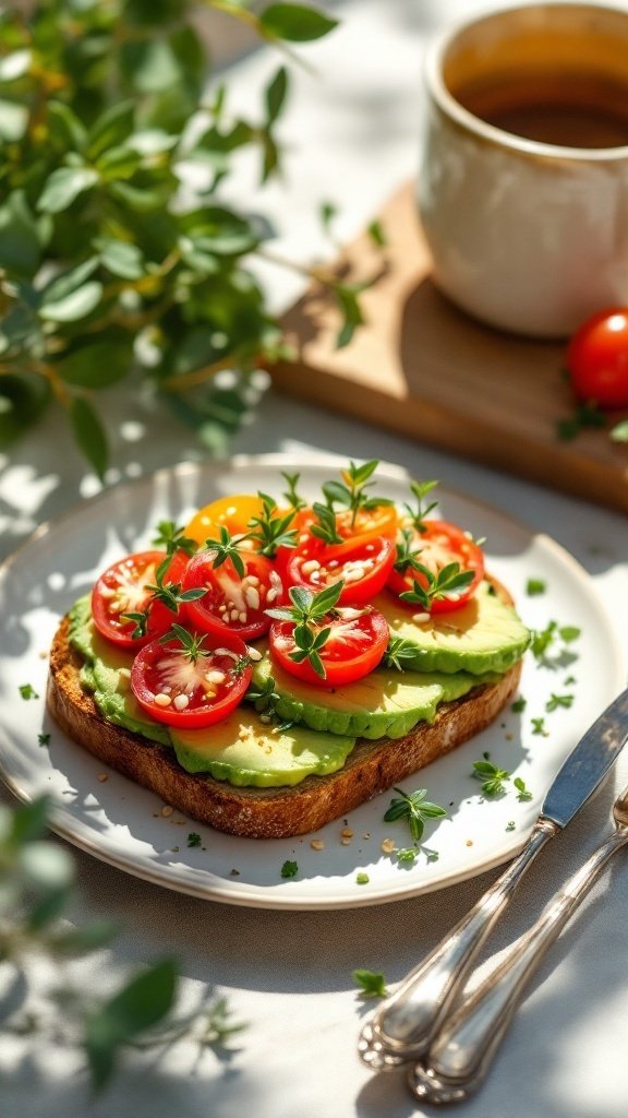 A delicious avocado and tomato toast topped with fresh herbs, served on a plate with a cup of coffee in the background.