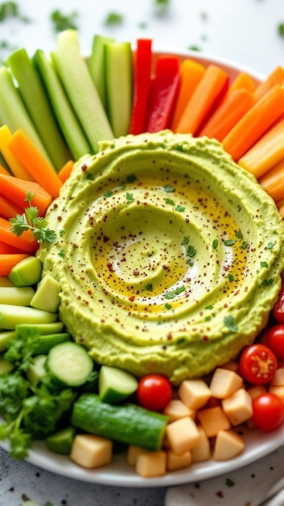 A vibrant plate of avocado hummus surrounded by fresh vegetables like carrots and bell peppers, showcasing a healthy snack option.