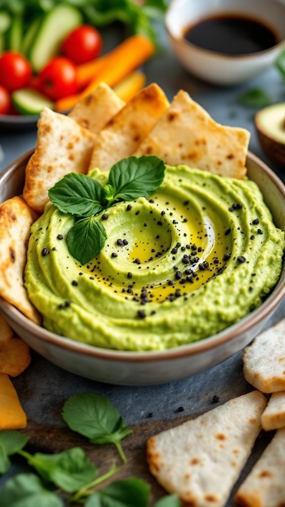 A bowl of avocado spinach hummus surrounded by pita chips and colorful vegetables.