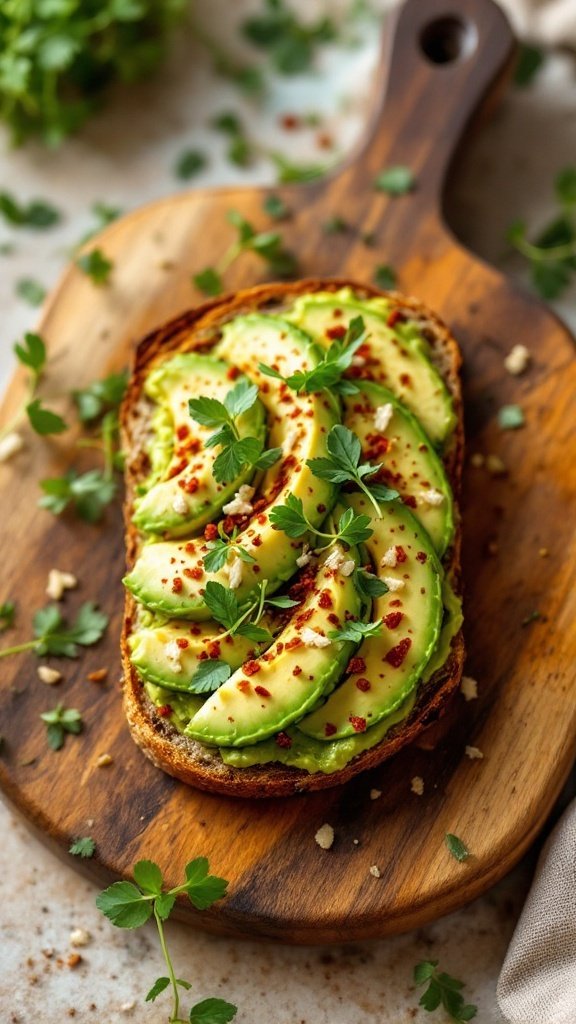 A slice of avocado toast topped with spices and herbs on a wooden cutting board.