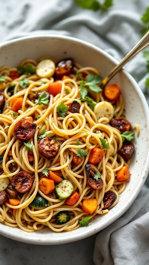 A delicious bowl of Balsamic Glazed Vegetable Pasta featuring spaghetti and colorful veggies.