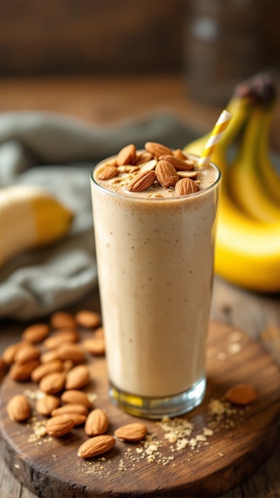A delicious banana almond butter smoothie topped with almonds, with bananas in the background.