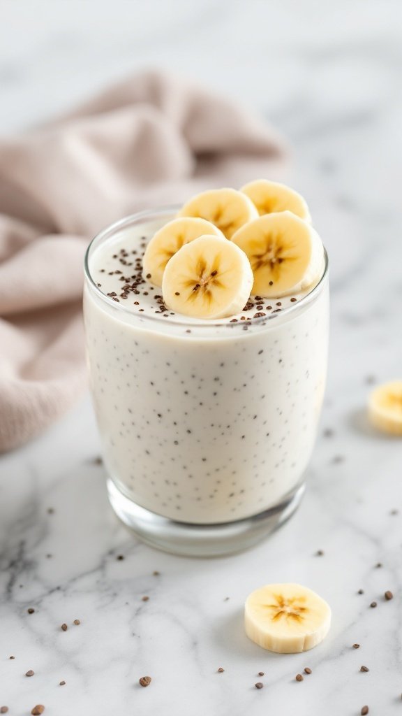 A glass of banana chia pudding topped with banana slices and sprinkled with chia seeds.