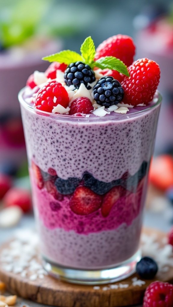 A vibrant glass of Berry Coconut Chia Pudding topped with fresh berries and mint leaves.