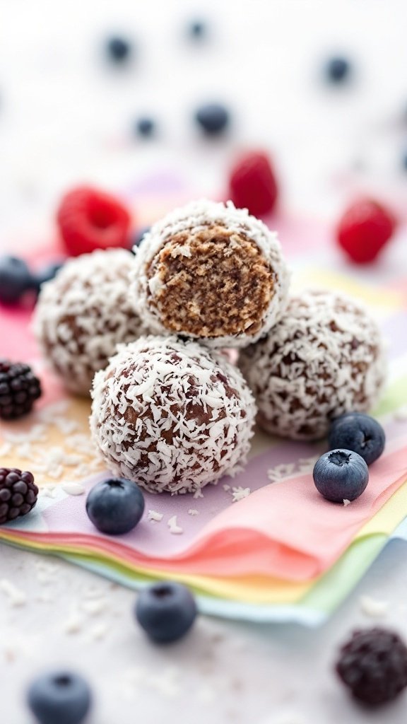 Berry coconut energy balls on colorful napkins surrounded by berries.