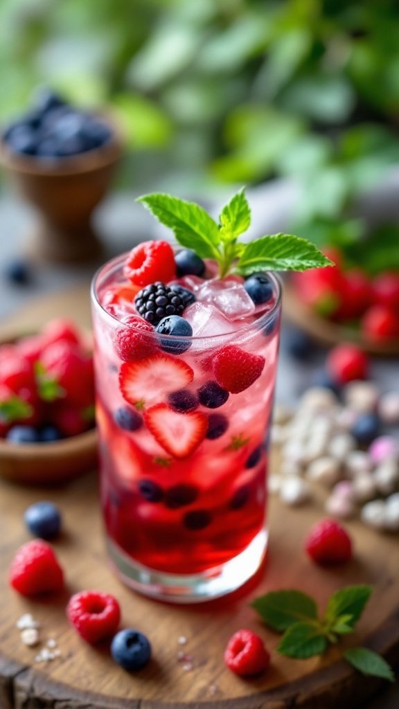 A refreshing glass of Berry Hibiscus Iced Tea with fresh berries and mint leaves, surrounded by more berries.