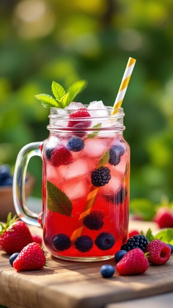 A refreshing glass of Berry Hibiscus Iced Tea with ice, fresh berries, and a striped straw, set on a wooden table.