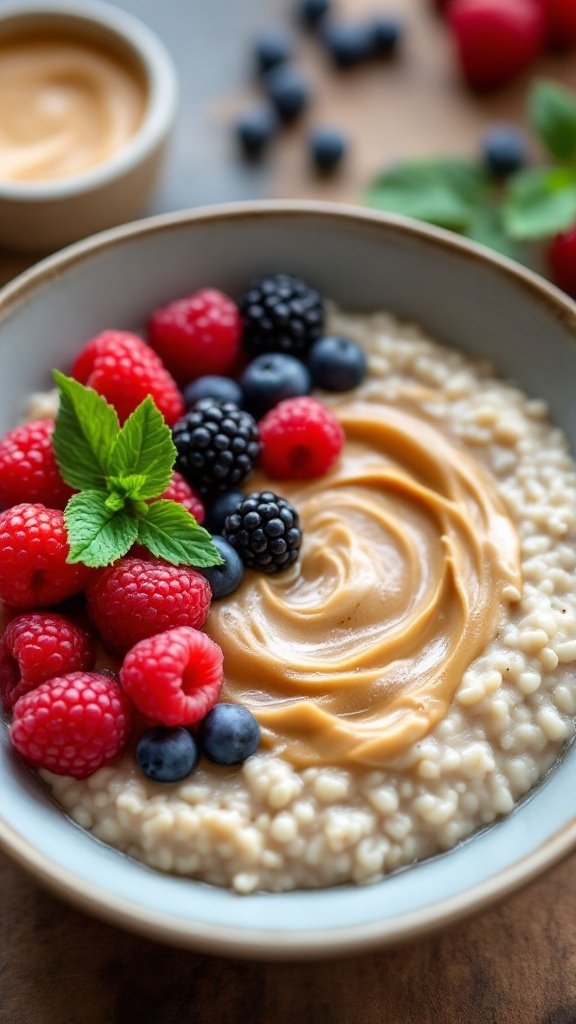 A colorful berry oatmeal bowl topped with almond butter and fresh mint leaves.