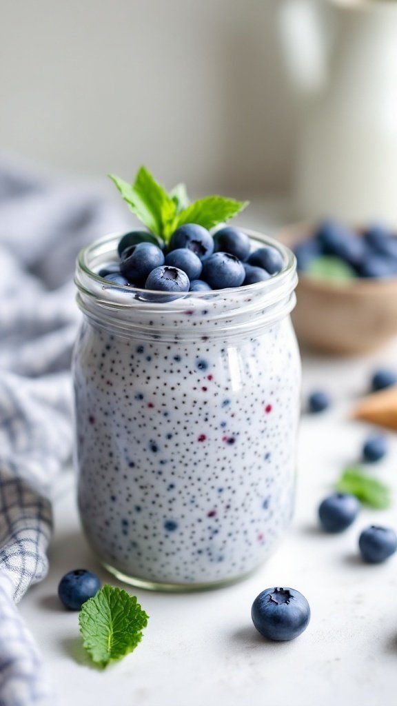 A jar of blueberry chia seed pudding topped with fresh blueberries and mint leaves.