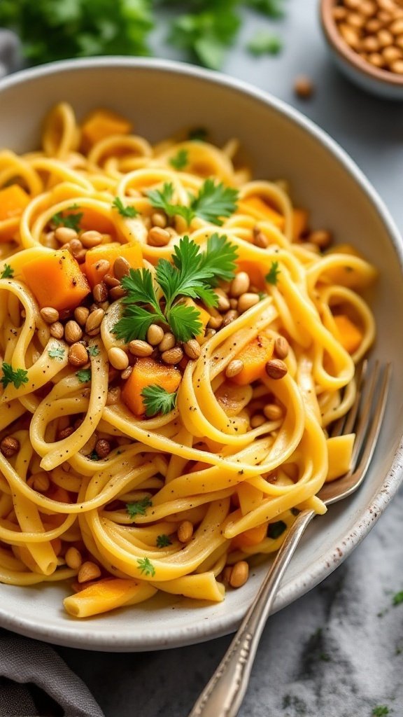 A bowl of butternut squash alfredo pasta topped with pine nuts and fresh herbs.