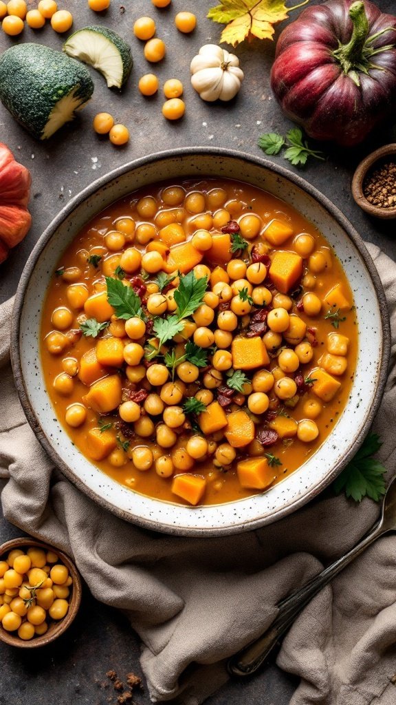 A delicious bowl of butternut squash and chickpea stew garnished with herbs, surrounded by fresh vegetables.