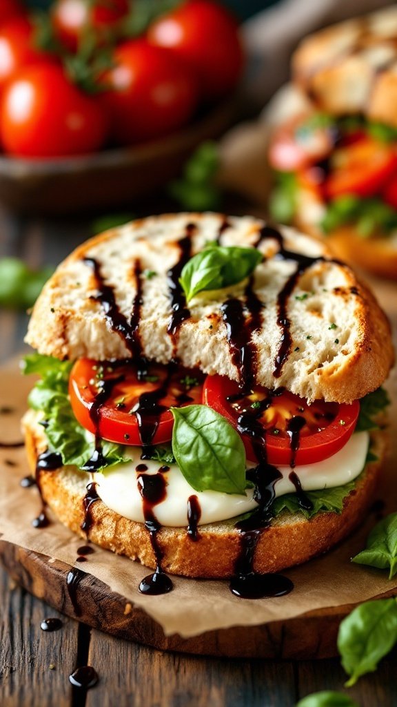 A delicious Caprese style sandwich with tomatoes, basil, and balsamic glaze on a wooden board.
