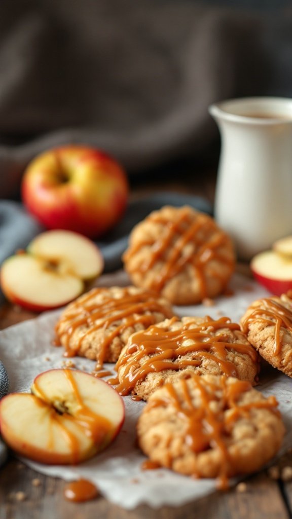 Delicious caramel apple cookies drizzled with caramel sauce, surrounded by fresh apples.