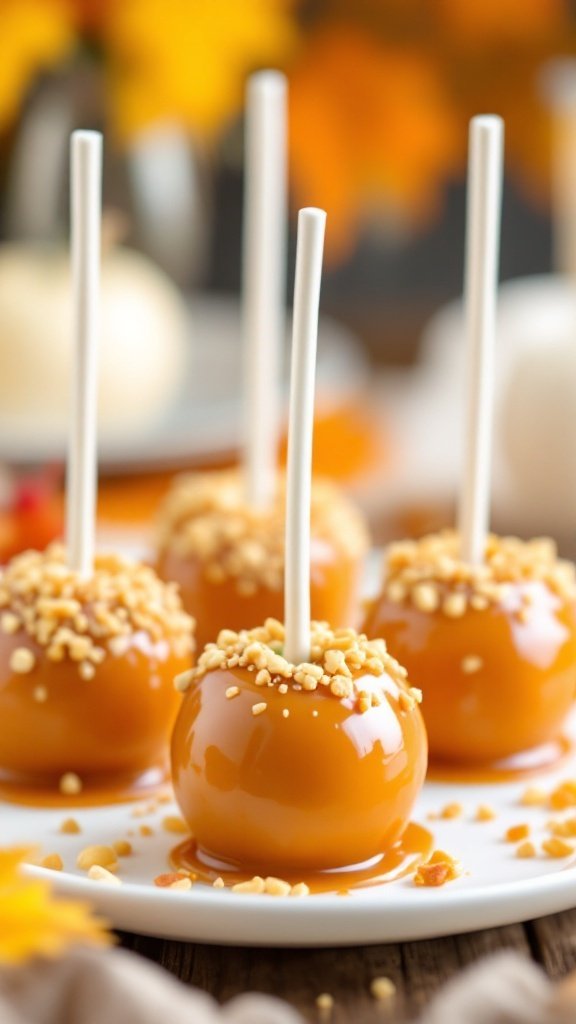 Three cute vegan cake pops designed to look like caramel apples, placed on a rustic surface with autumn leaves and small pumpkins.
