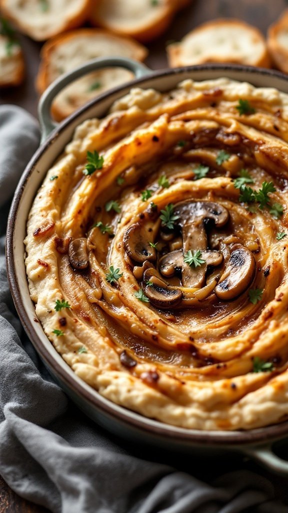 Creamy Caramelized Onion and Mushroom Dip in a bowl with toasted bread slices on the side.