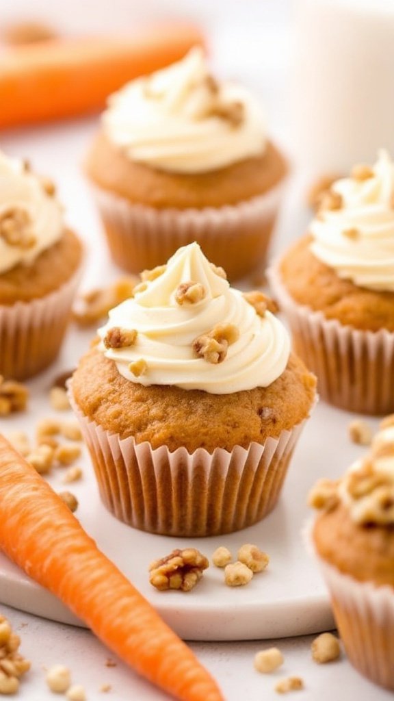 Delicious vegan carrot cake muffins topped with creamy frosting, surrounded by fresh carrots and walnuts.