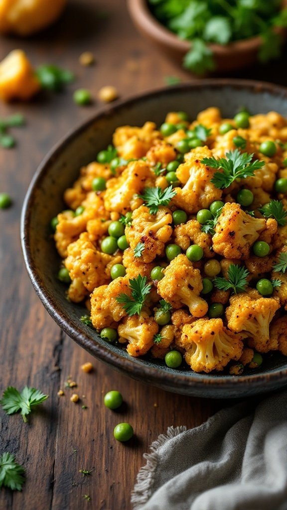 A bowl of cauliflower and peas masala garnished with cilantro, showcasing the vibrant colors of the dish.