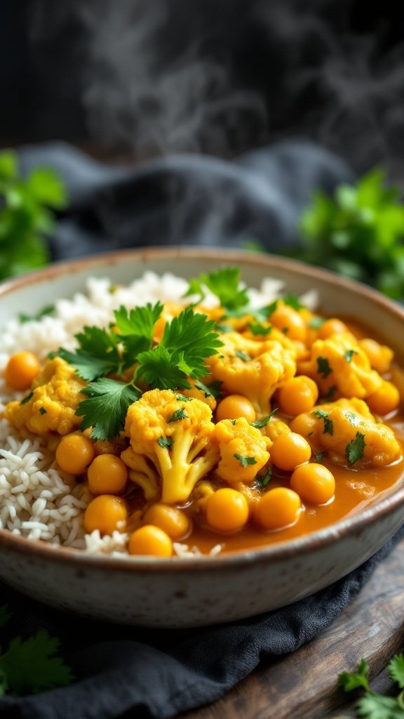 A bowl of cauliflower curry with chickpeas served over rice, garnished with fresh cilantro.