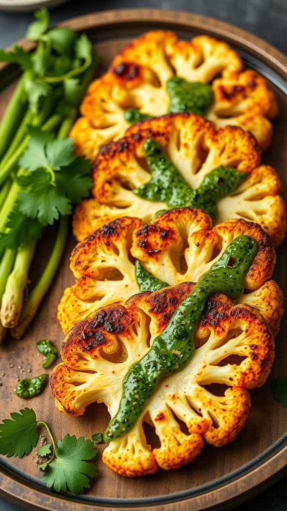 Delicious grilled cauliflower steaks topped with chimichurri sauce on a wooden platter, surrounded by colorful bell peppers.
