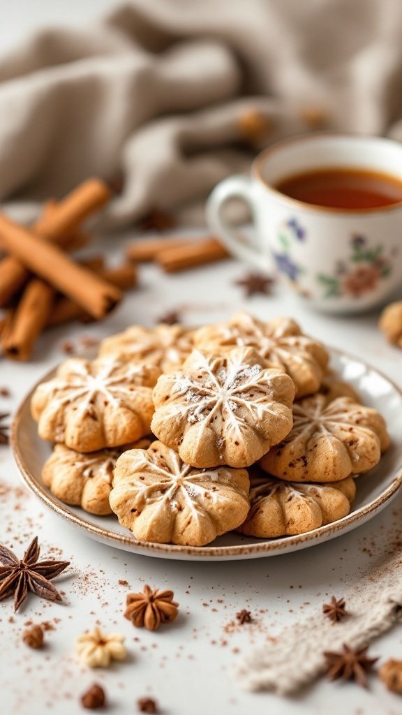 A plate of beautifully decorated chai spiced cookies with a cup of tea and spices around them.
