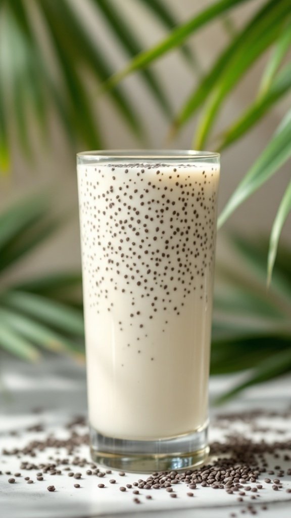 A glass of chia seed coconut water with a straw, surrounded by coconuts and palm leaves.
