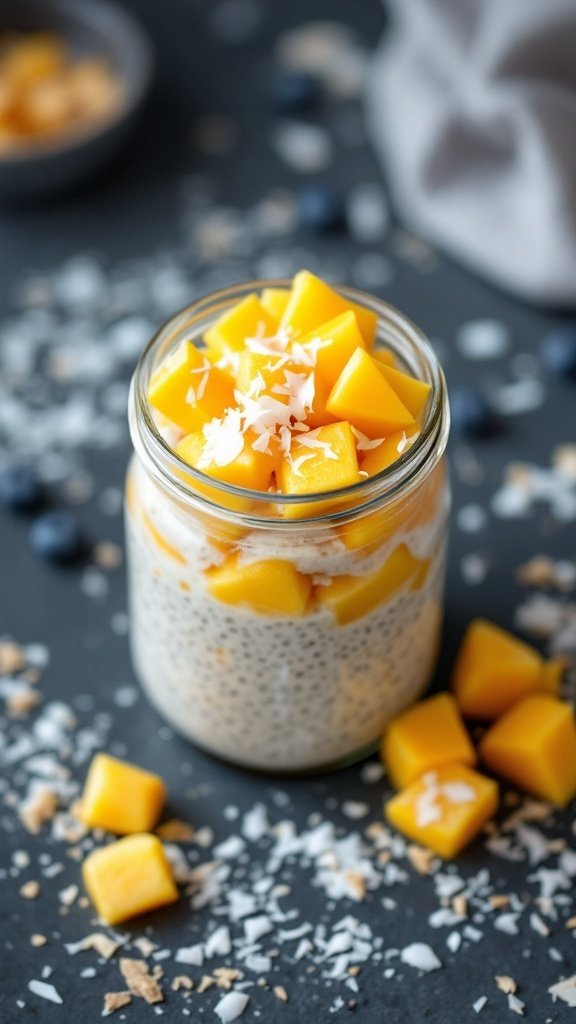 A jar of chia seed pudding topped with mango and coconut flakes, surrounded by fresh mango pieces and blueberries.