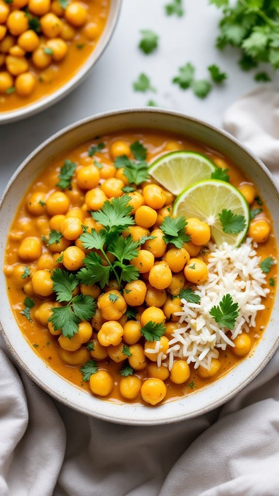 A bowl of delicious Chickpea Coconut Curry with rice, garnished with fresh cilantro and lime.