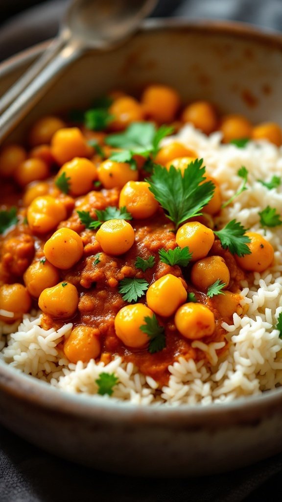 A bowl of chickpea curry served over coconut rice, garnished with fresh herbs.