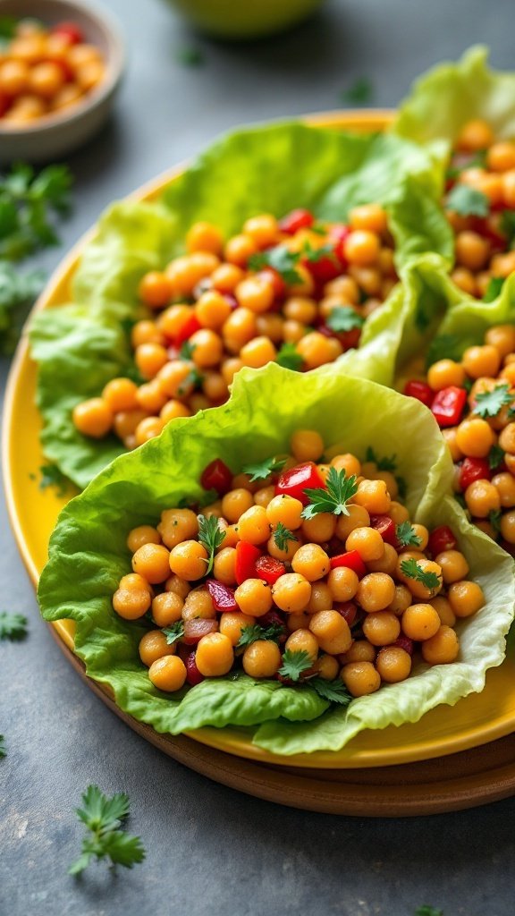 Chickpea salad served in lettuce wraps, colorful and fresh.