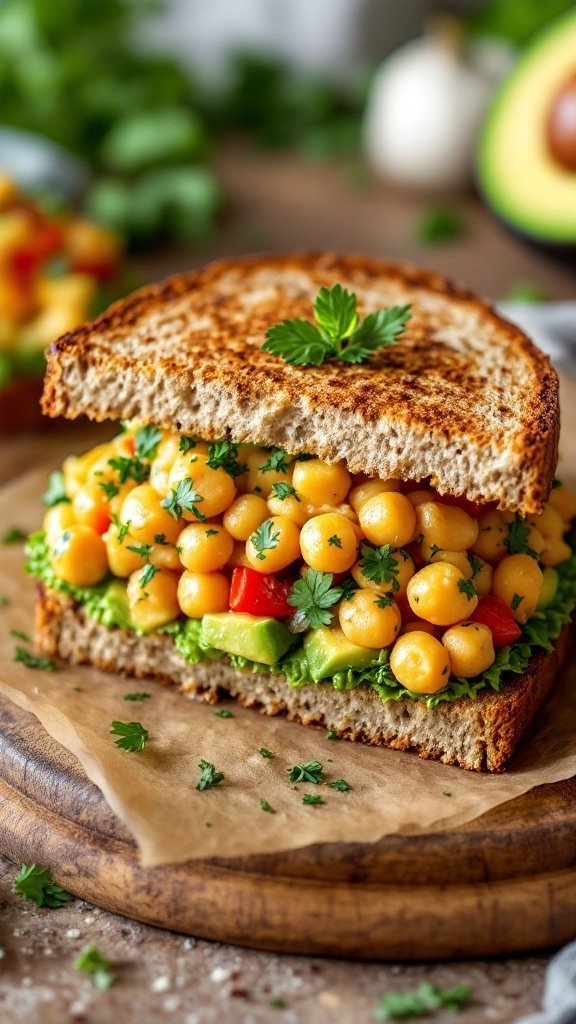 A delicious chickpea salad sandwich with avocado on toasted bread, garnished with fresh herbs.