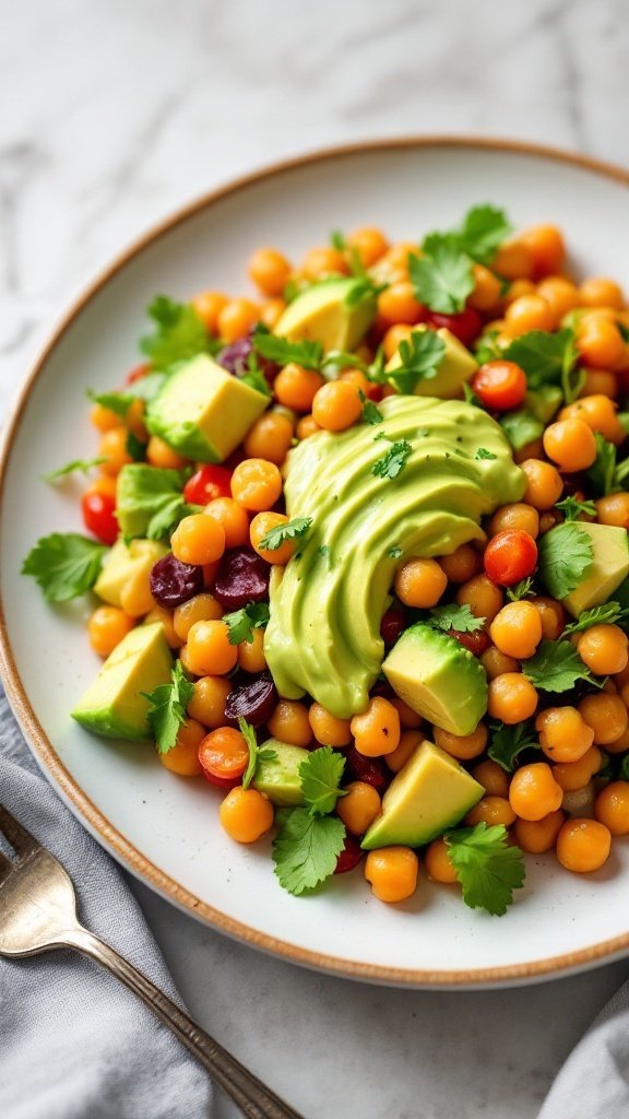 A vibrant chickpea salad with avocado dressing, featuring fresh vegetables and a colorful presentation.