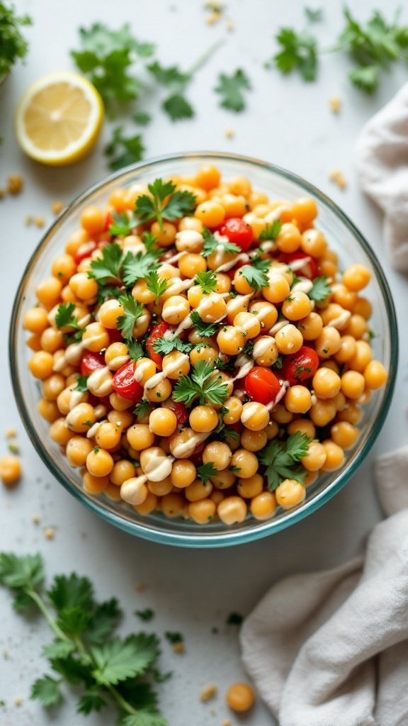 A colorful bowl of chickpea salad featuring chickpeas, cherry tomatoes, and fresh cilantro