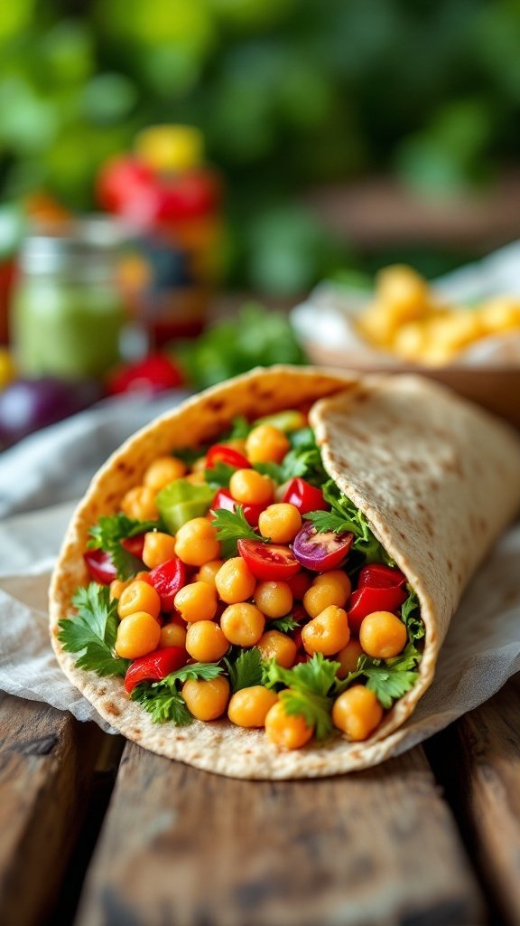 A chickpea salad wrap filled with chickpeas, colorful veggies, and fresh herbs, resting on a wooden surface.