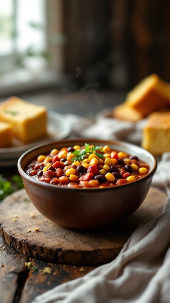 A bowl of chili with kidney beans and corn, garnished with fresh herbs, surrounded by cornbread.