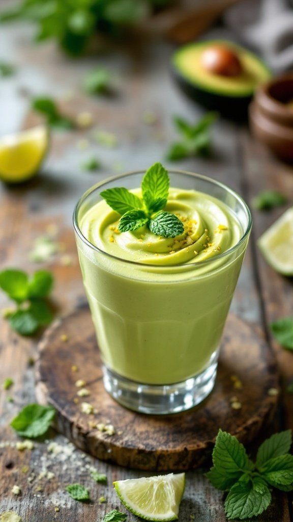 A glass of chilled avocado lime mousse topped with mint leaves, served on a wooden board with sliced lime and avocado in the background.