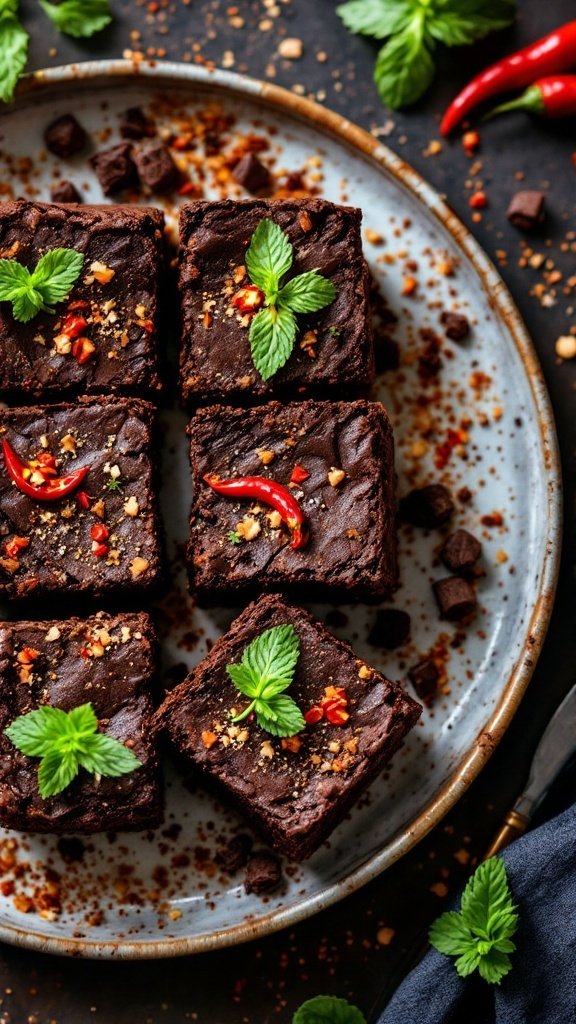Plate of chocolate-chili brownies with mint leaves and chili flakes on top