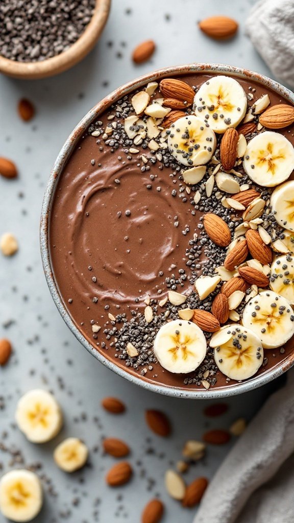 A delicious chocolate almond smoothie bowl topped with bananas, almonds, and chia seeds.