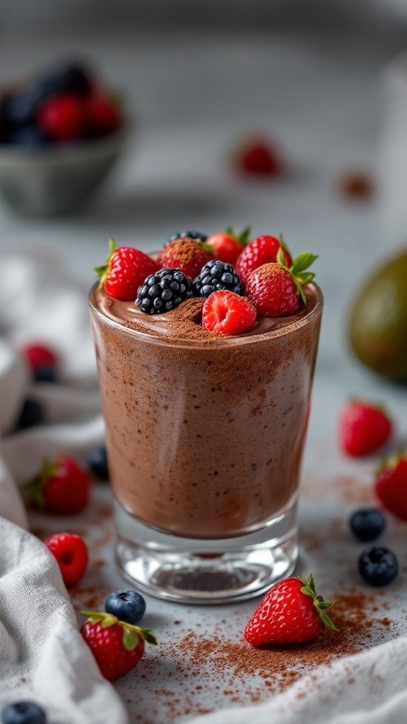 A delicious chocolate avocado mousse topped with fresh berries, served in a clear glass.