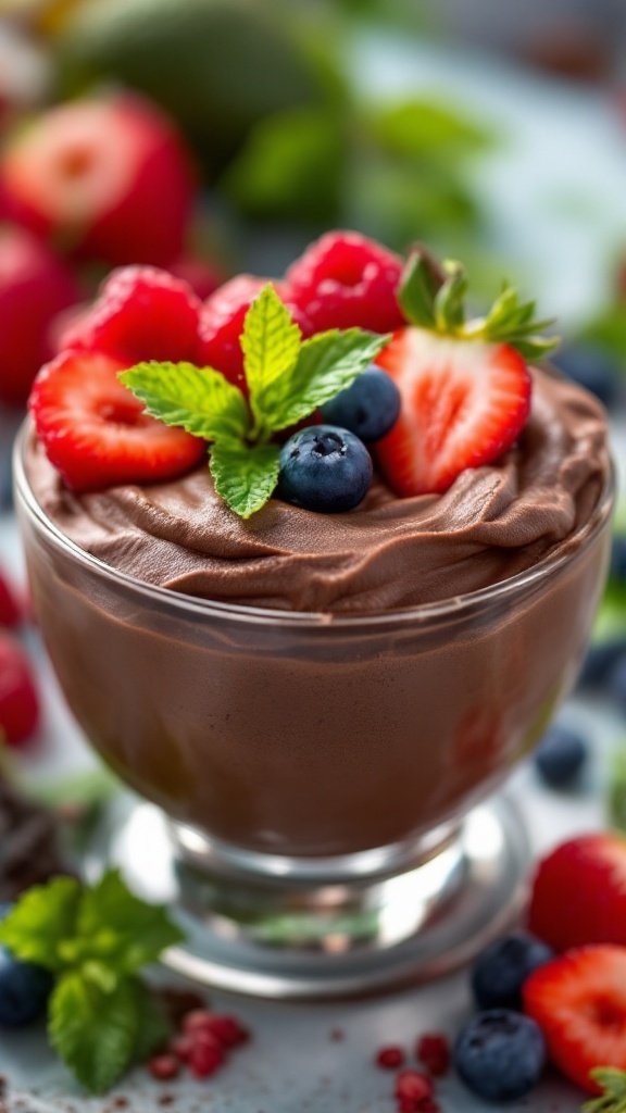A creamy chocolate avocado mousse topped with fresh berries and mint leaves in a glass bowl.