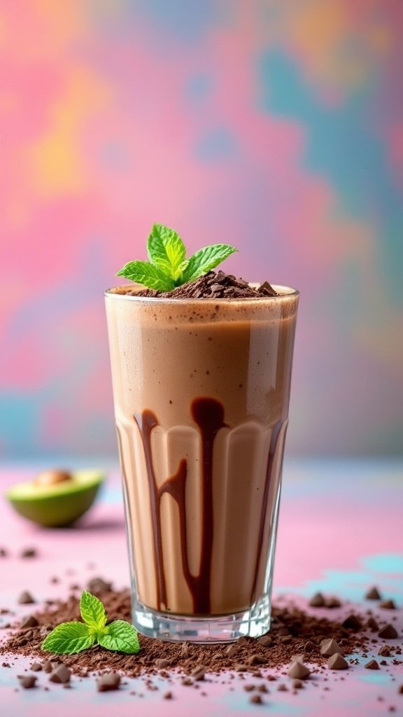 A delicious chocolate avocado shake topped with chocolate shavings and a mint leaf, set against a colorful background.