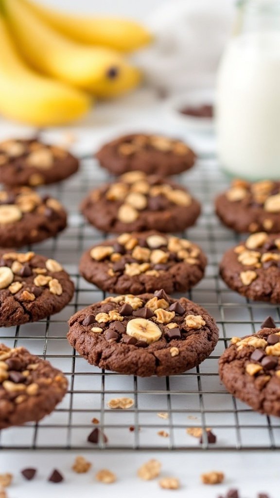 Plate of chocolate banana oatmeal cookies with bananas in the background