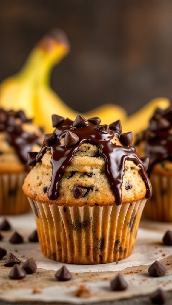 Delicious chocolate chip banana muffins topped with chocolate drizzle and surrounded by chocolate chips and bananas.