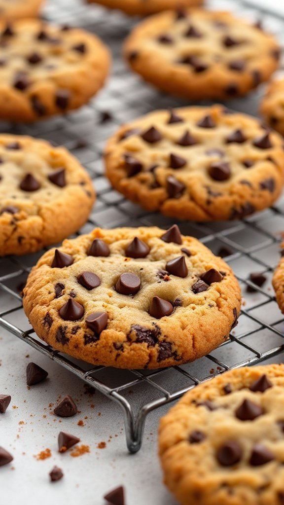 Freshly baked chocolate chip cookies on a cooling rack with dark chocolate chips.
