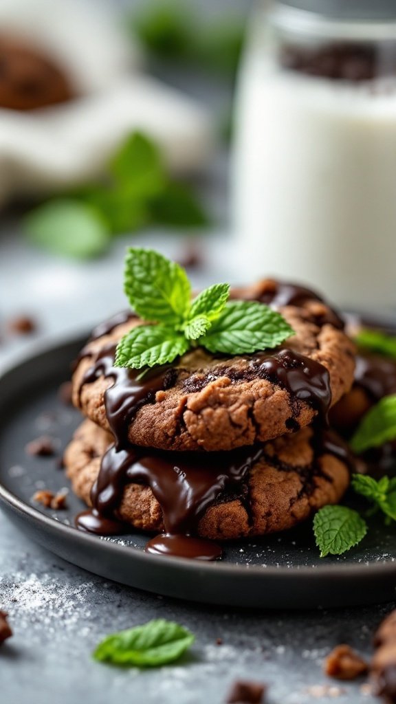 Delicious chocolate mint cookies drizzled with chocolate and garnished with fresh mint leaves, served on a black plate.
