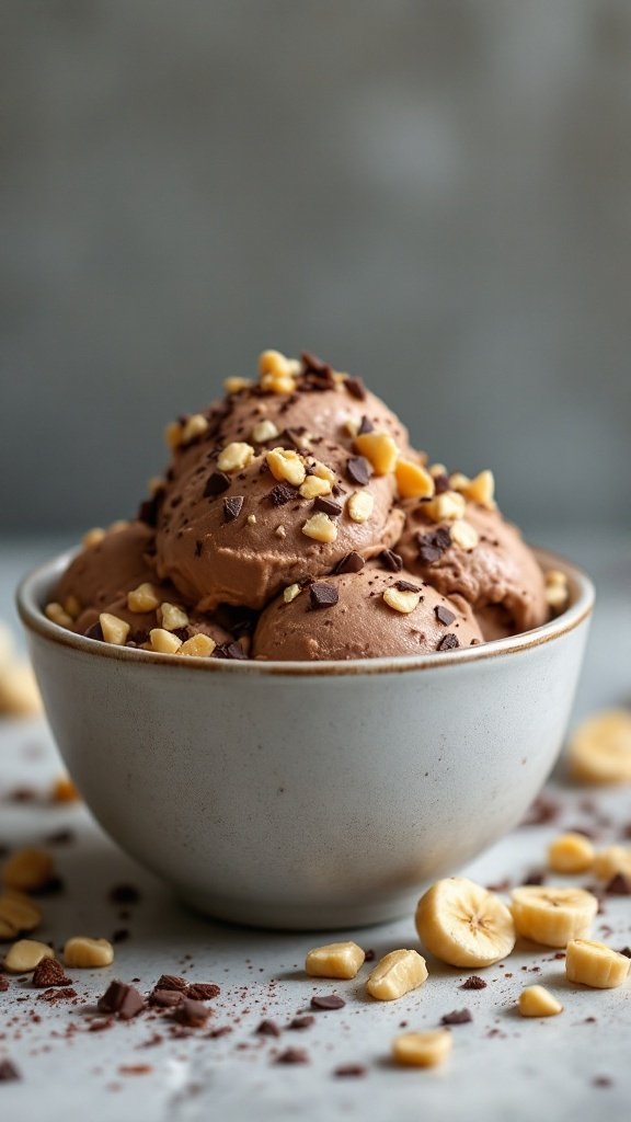 Bowl of chocolate peanut butter banana nice cream topped with crushed peanuts and chocolate shavings