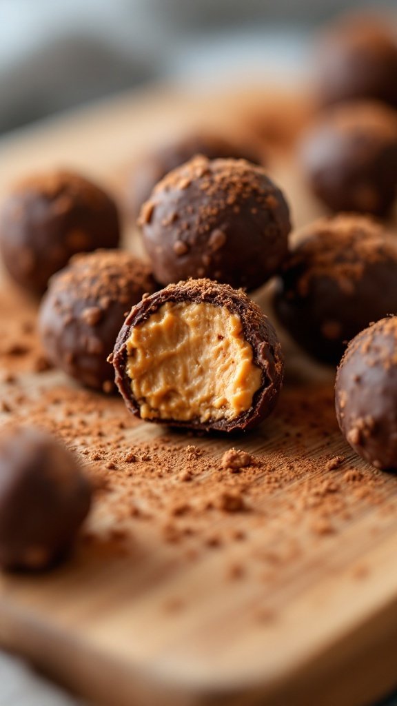 Delicious Chocolate Peanut Butter Energy Bites on a wooden board with a bite taken out of one.