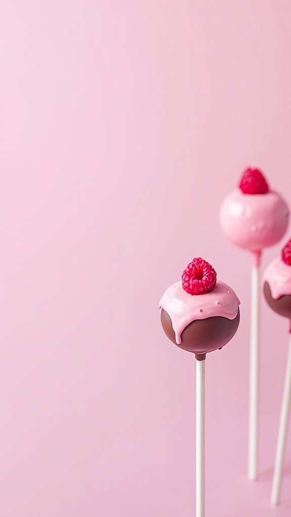 Chocolate raspberry cake pops with pink drizzle and fresh raspberries on top.
