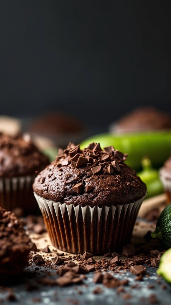 Delicious chocolate zucchini muffins topped with chocolate chips, showing the perfect blend of dessert and breakfast.